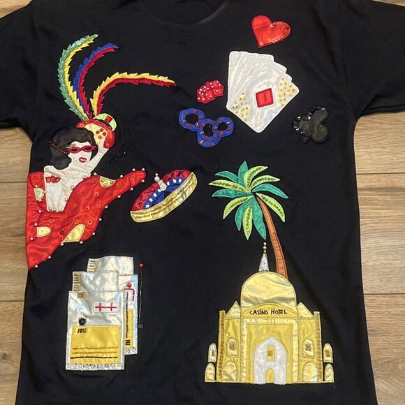 Vintage Casino Embroidered T Shirt SZ Large Gambling Beaded Sequin Black Tee y2k - Picture 2 of 10